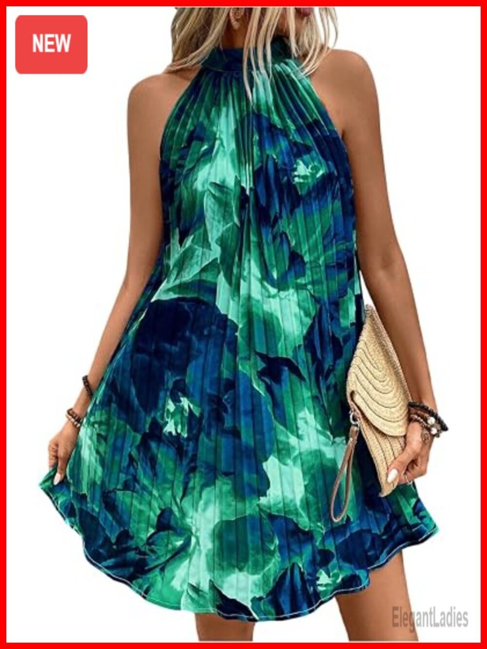 Paisley Print Pleated Halter Dress Sleeveless A Line Short Dress